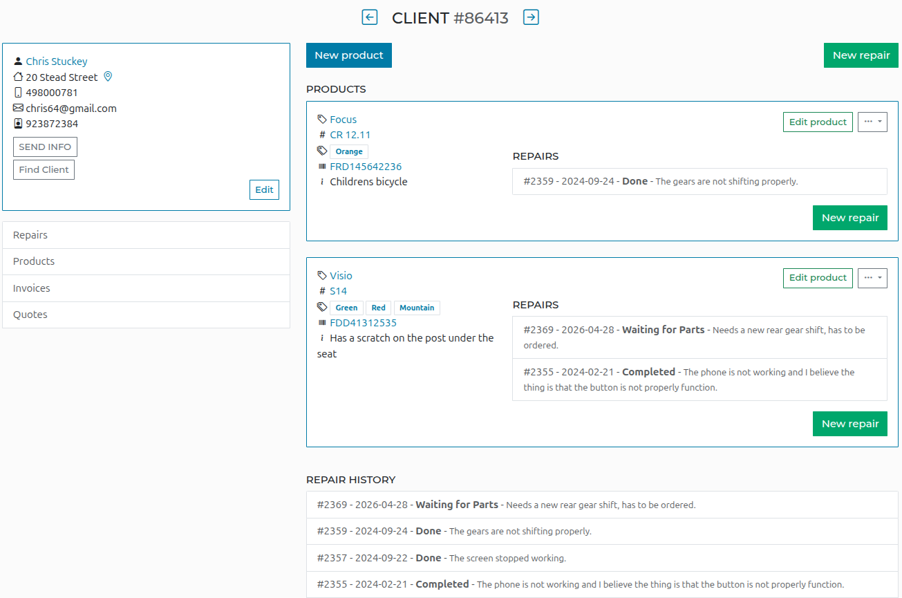 See your customers history in Repero, repair software system