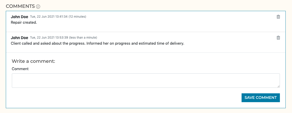 Add comments using our repair ticket management software